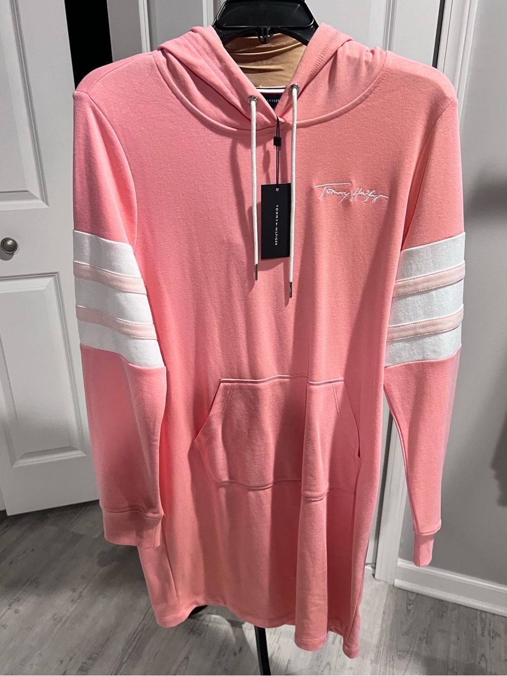 Tommy Hilfiger Pink Hooded Sweatshirt Dress with White Sleeve Stripes